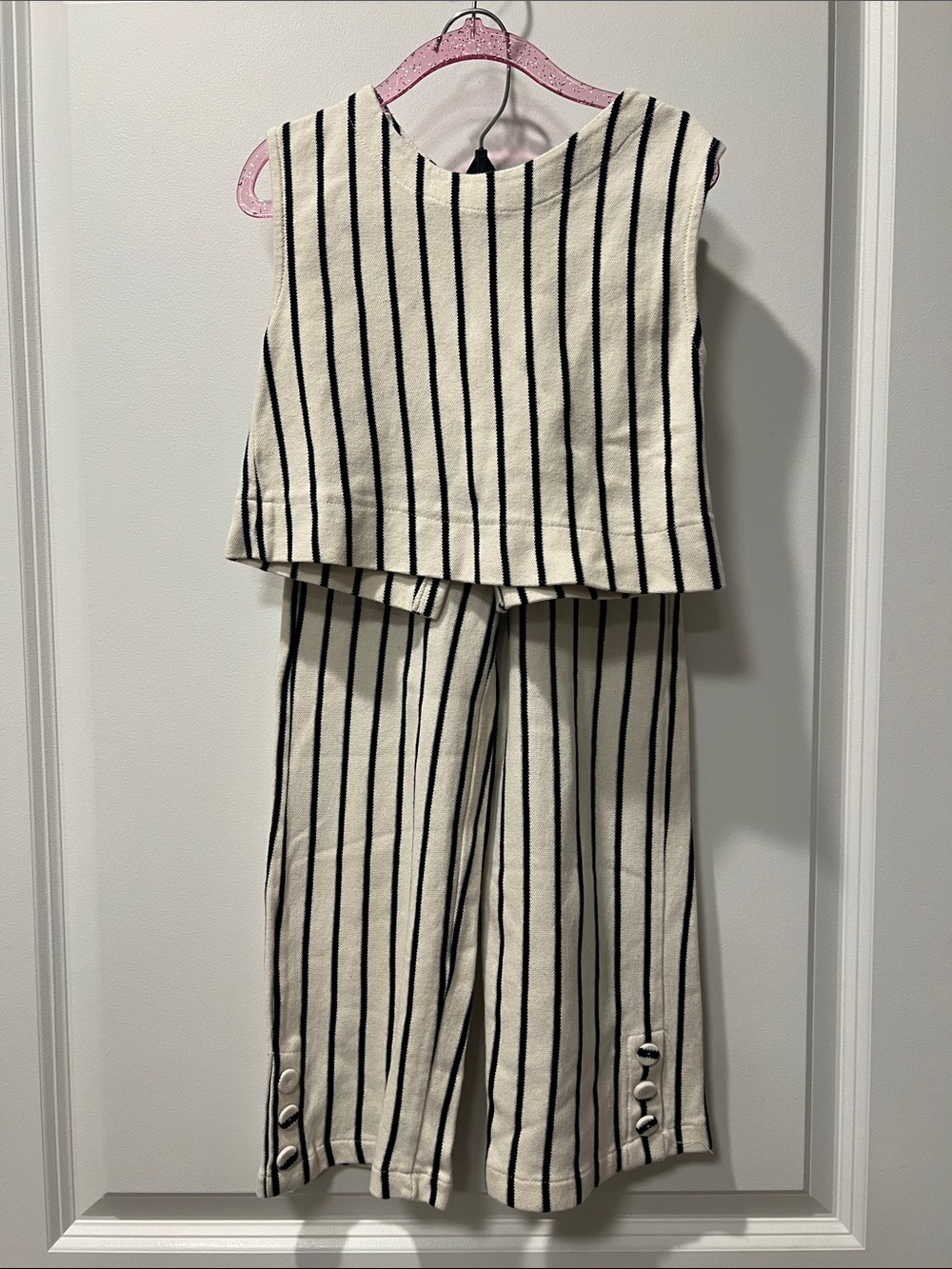 ZARA, Striped Knit Two-Piece Set in Cream and Black, 100% cotton